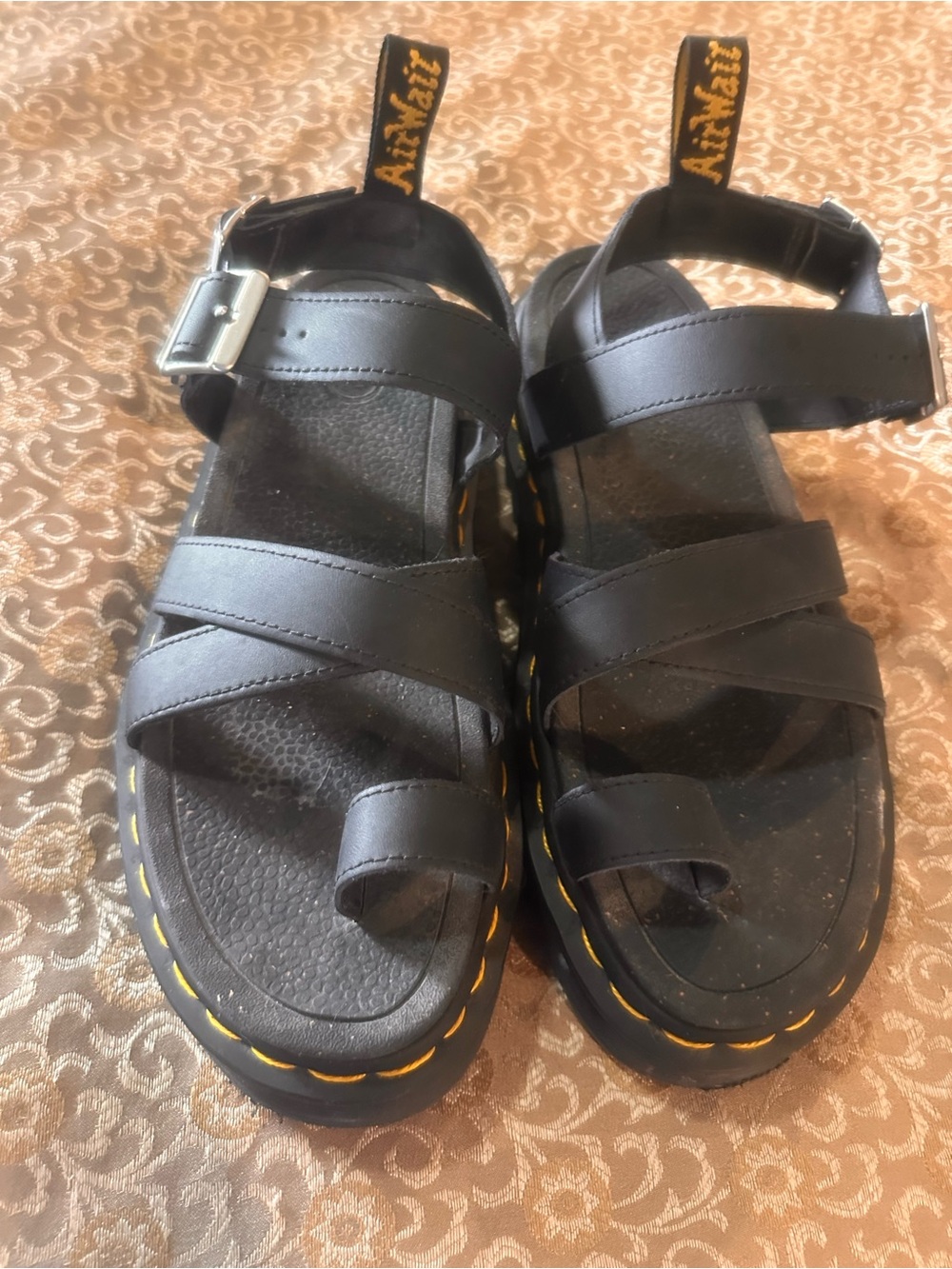 Dr. Martens Black Strappy Sandals with Yellow Stitching